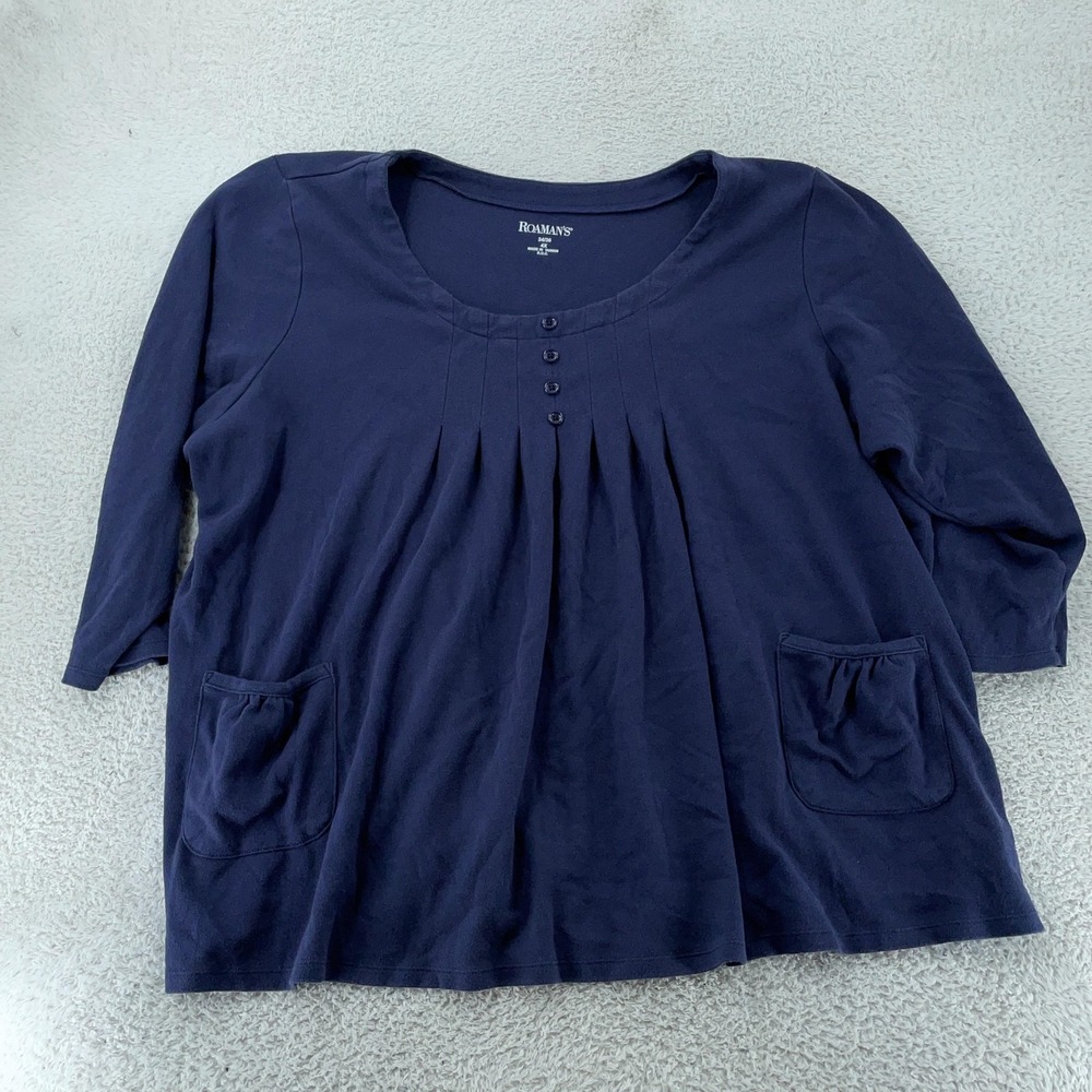 Roaman's Shirt Women's 4X 34/36 Tunic 3/4 Sleeve Scoop‎ Neck Pleated Pockets